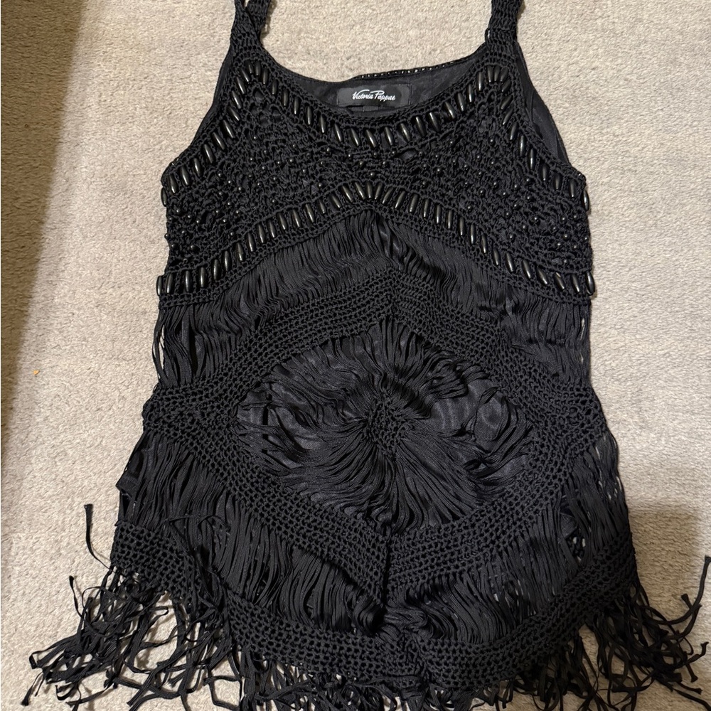 Vintage Black Crochet Fringe Beaded Tank Top Women’s Medium Boho Festival